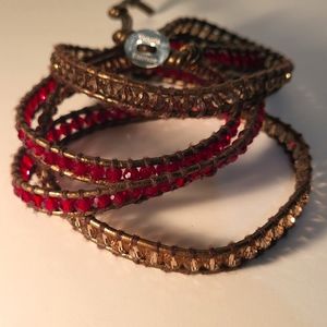 Victoria Emerson bronze leather red and smokey clear beads wrap bracelet